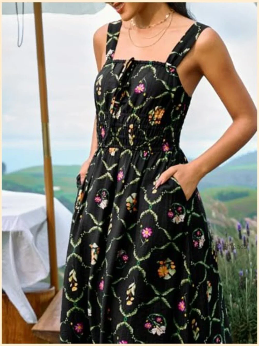 Backless Square Neck Smocked Midi Dress with Pockets - Picture 4 of 7